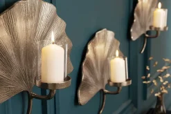 Dekorativer Kerzenhalter GINKGO 44cm silber handmade Metall Wandteelicht