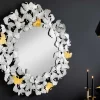 Dekorativer Wandspiegel GINKGO LEAFS XL 90cm gold silber rund aus Metall handmade