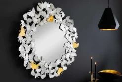 Dekorativer Wandspiegel GINKGO LEAFS XL 90cm gold silber rund aus Metall handmade