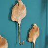 Dekoratives Kleiderhaken 3er Set GINKGO 30cm gold handmade Metall