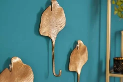 Dekoratives Kleiderhaken 3er Set GINKGO 30cm gold handmade Metall