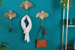 Dekoratives Kleiderhaken 3er Set GINKGO 30cm gold handmade Metall