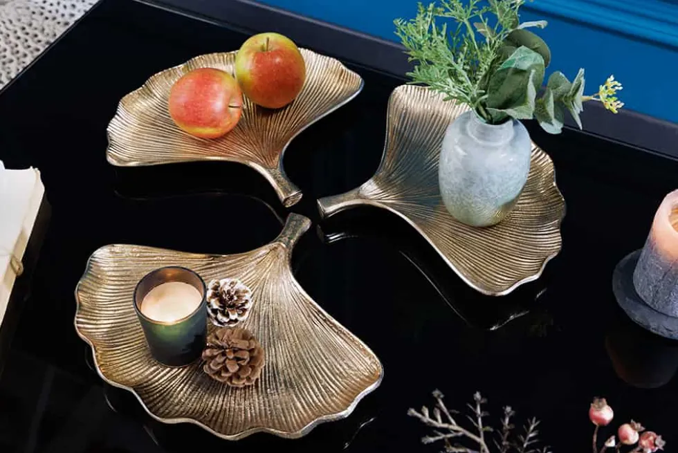 Dekoratives Schalen 3er Set GINKGO 30cm gold handmade Metall