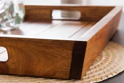 Dekoratives Tablett MAKASSAR 45cm braun Sheesham Massivholz stone finish Servierbrett