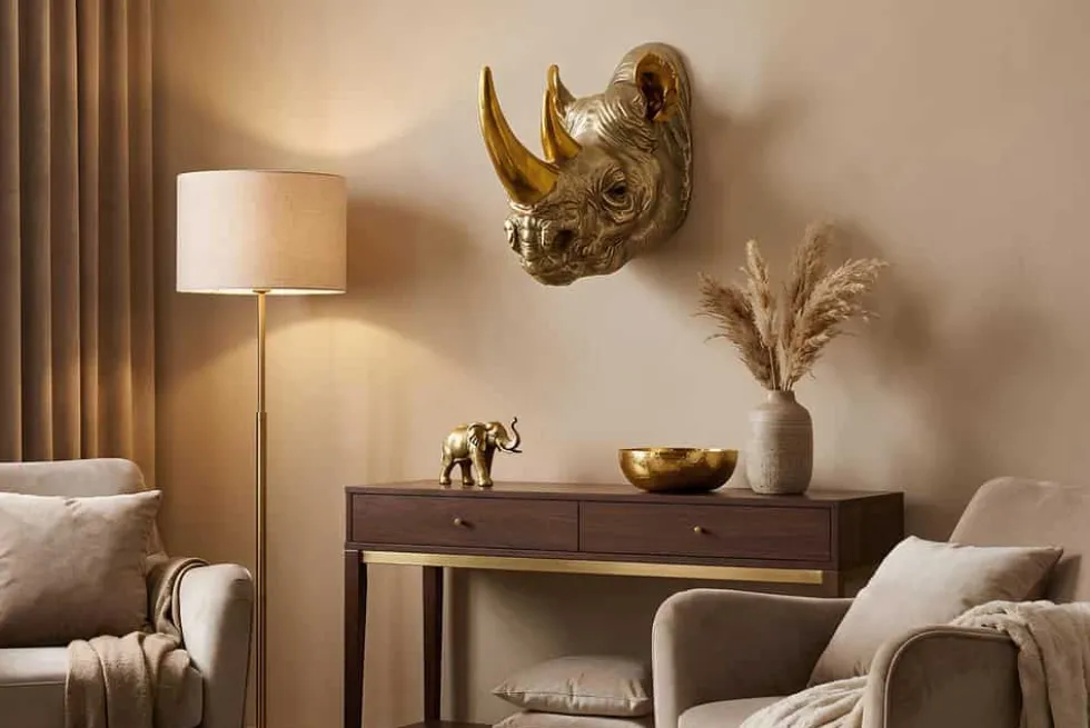 Deko-Wandfigur RHINO 40cm gold handmade Nashorn-Skulptur