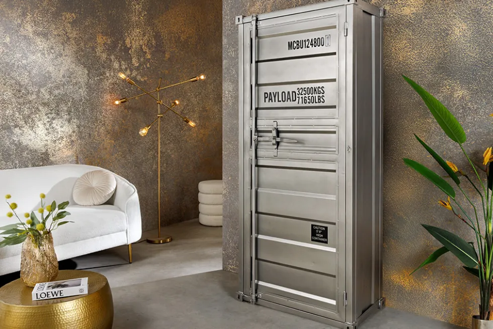 Design Aktenschrank GLOBETROTTER 180cm grau Eisen Container Upcycling Highboard