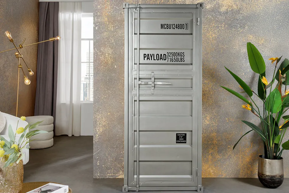 Design Aktenschrank GLOBETROTTER 180cm grau Eisen Container Upcycling Highboard
