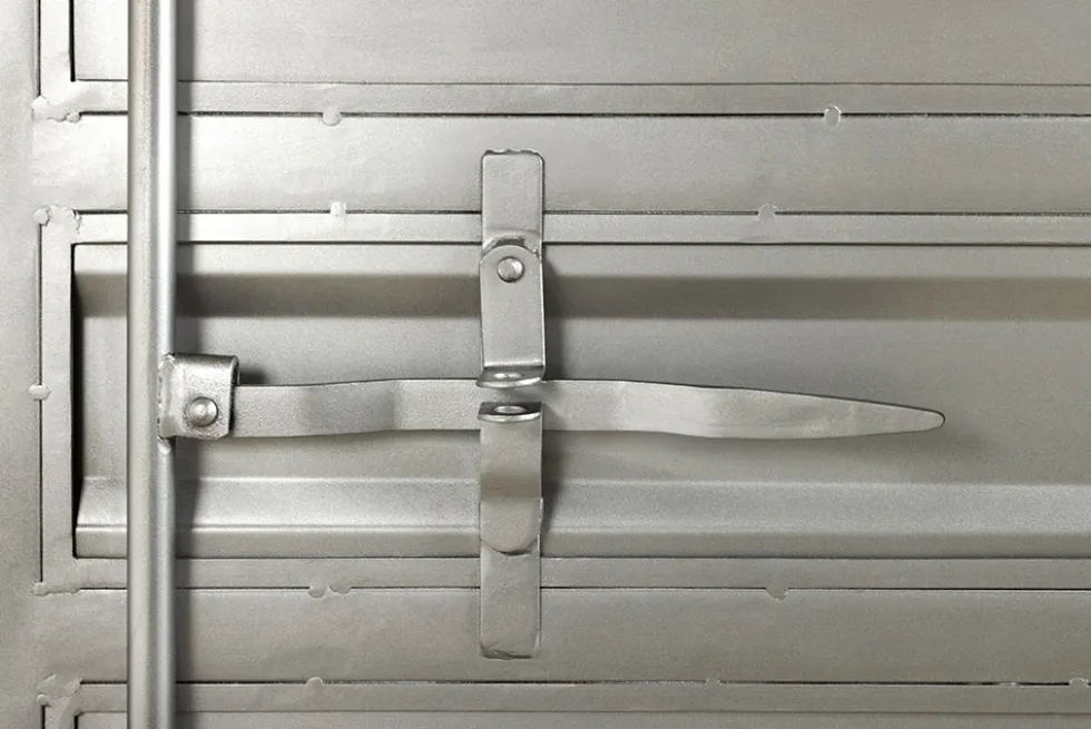 Design Aktenschrank GLOBETROTTER 180cm grau Eisen Container Upcycling Highboard