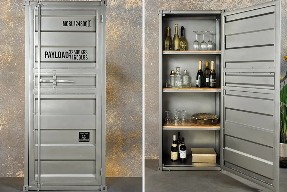 Design Aktenschrank GLOBETROTTER 180cm grau Eisen Container Upcycling Highboard