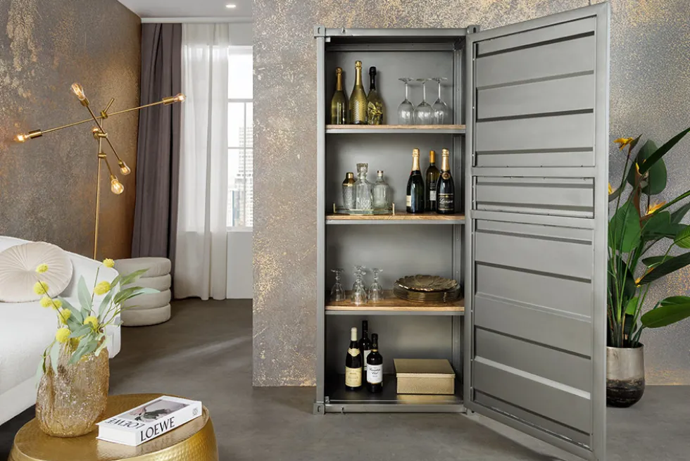 Design Aktenschrank GLOBETROTTER 180cm grau Eisen Container Upcycling Highboard