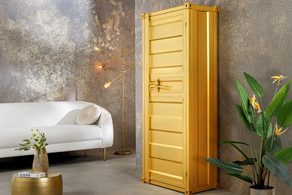 Design Aktenschrank GLOBETROTTER 180cm gold Eisen Container Upcycling Highboard