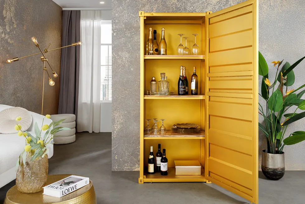 Design Aktenschrank GLOBETROTTER 180cm gold Eisen Container Upcycling Highboard