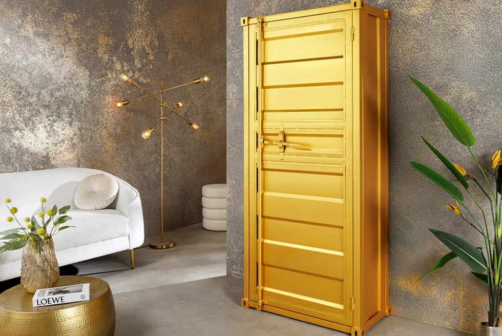 Design Aktenschrank GLOBETROTTER 180cm gold Eisen Container Upcycling Highboard
