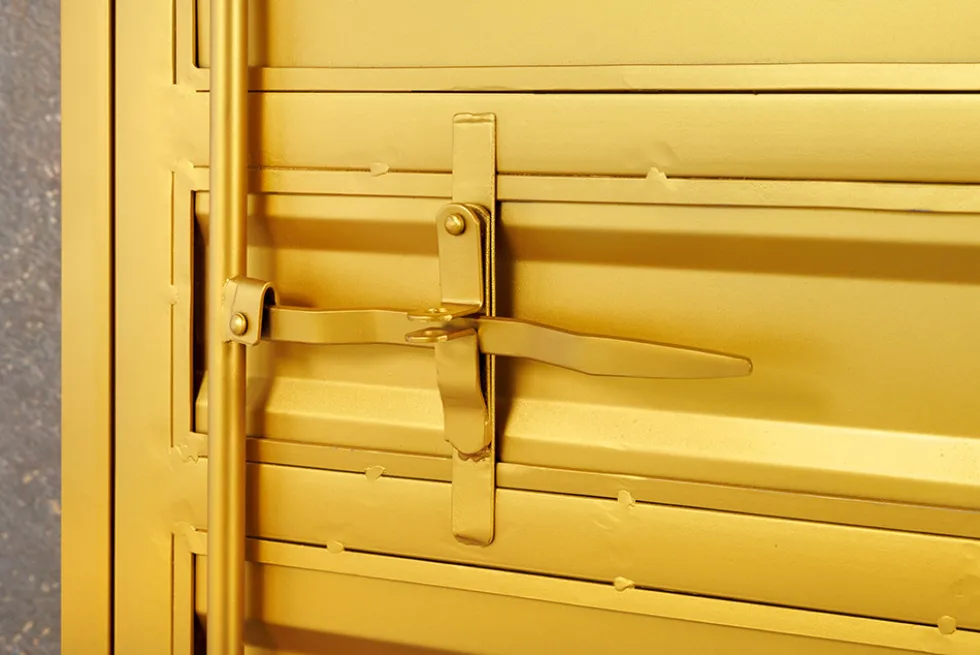 Design Aktenschrank GLOBETROTTER 180cm gold Eisen Container Upcycling Highboard