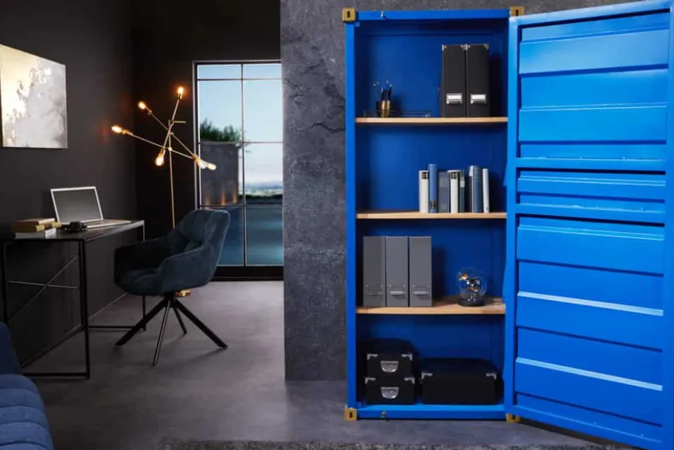 Design Aktenschrank GLOBETROTTER 180cm blau Eisen Container Upcycling Industrial