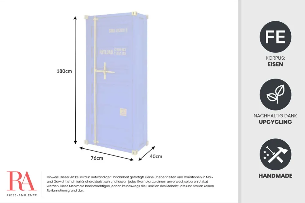 Design Aktenschrank GLOBETROTTER 180cm blau Eisen Container Upcycling Industrial