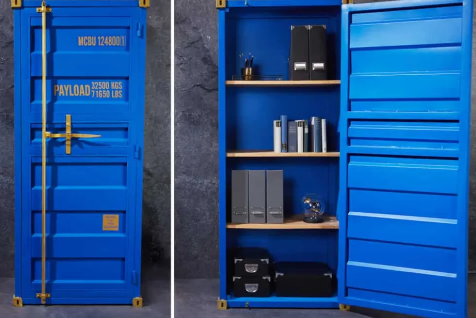 Design Aktenschrank GLOBETROTTER 180cm blau Eisen Container Upcycling Industrial