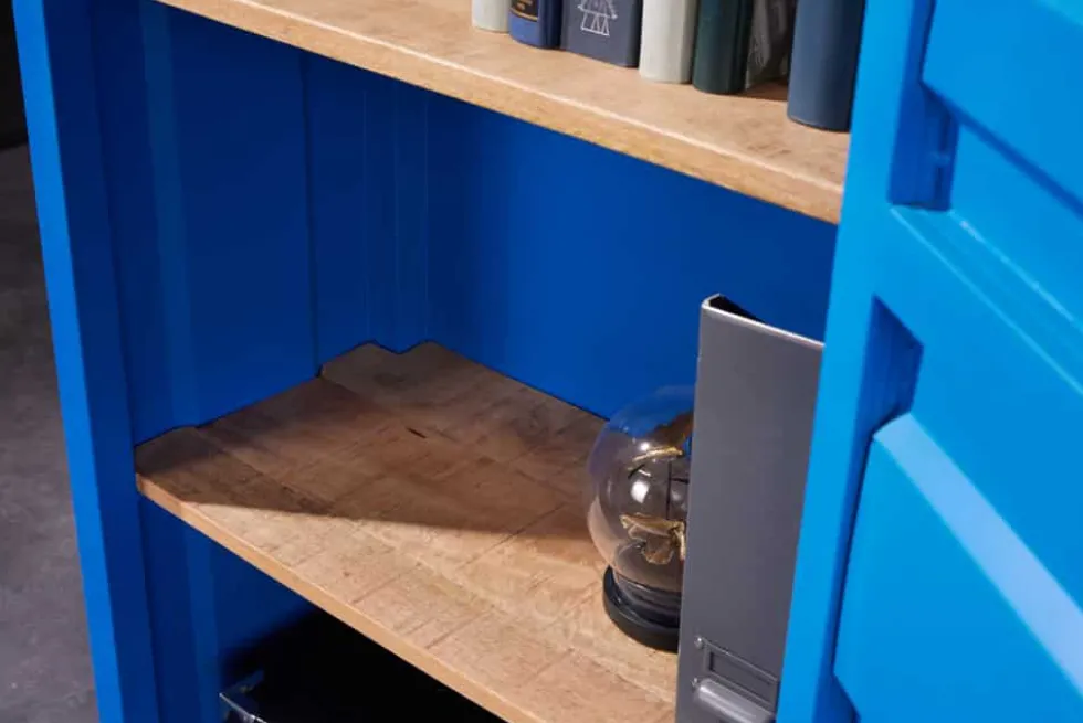 Design Aktenschrank GLOBETROTTER 180cm blau Eisen Container Upcycling Industrial