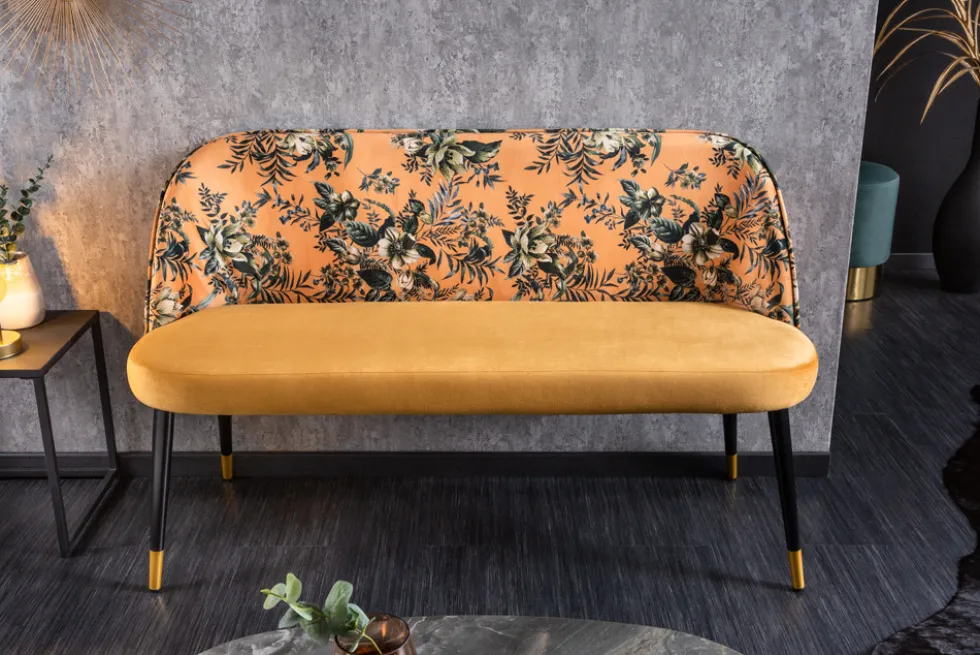 Design Bank PRÊT-À-PORTER gelb Samt florales Muster und goldene Fußkappen