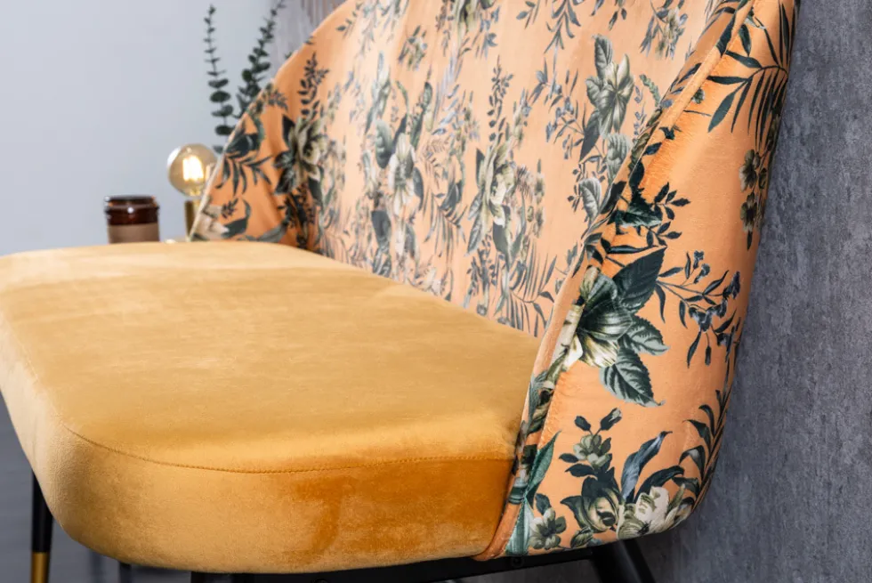 Design Bank PRÊT-À-PORTER gelb Samt florales Muster und goldene Fußkappen