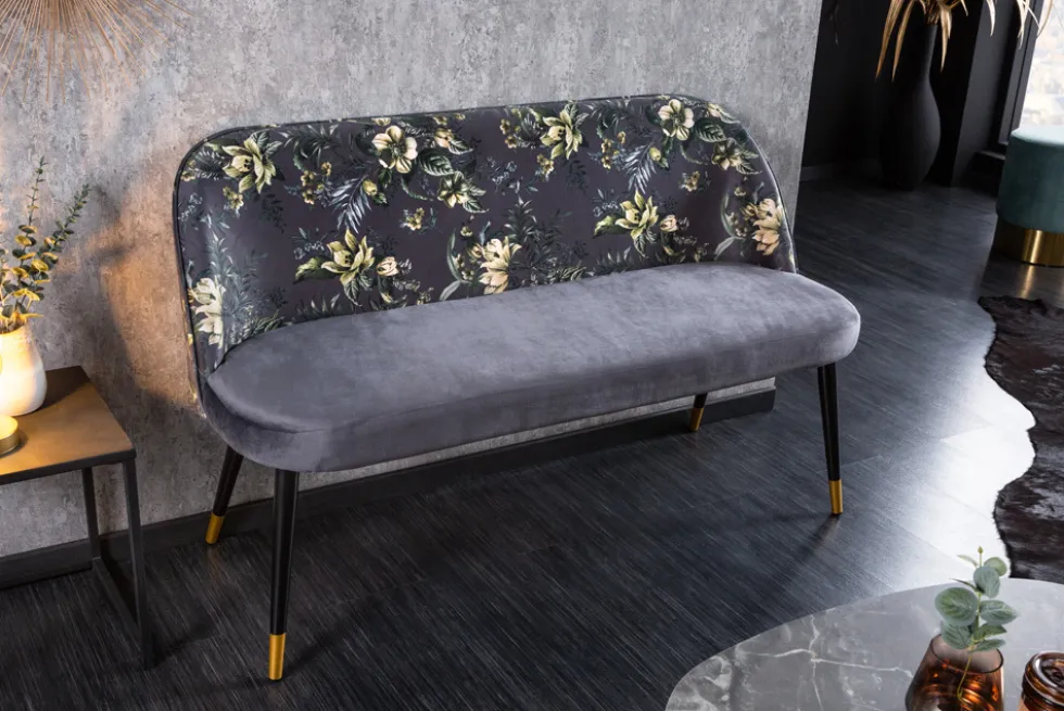 Design Bank PRÊT-À-PORTER grau Samt florales Muster und goldene Fußkappen