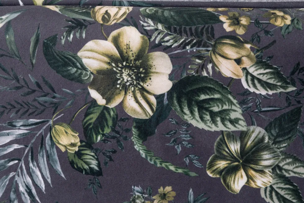 Design Bank PRÊT-À-PORTER grau Samt florales Muster und goldene Fußkappen