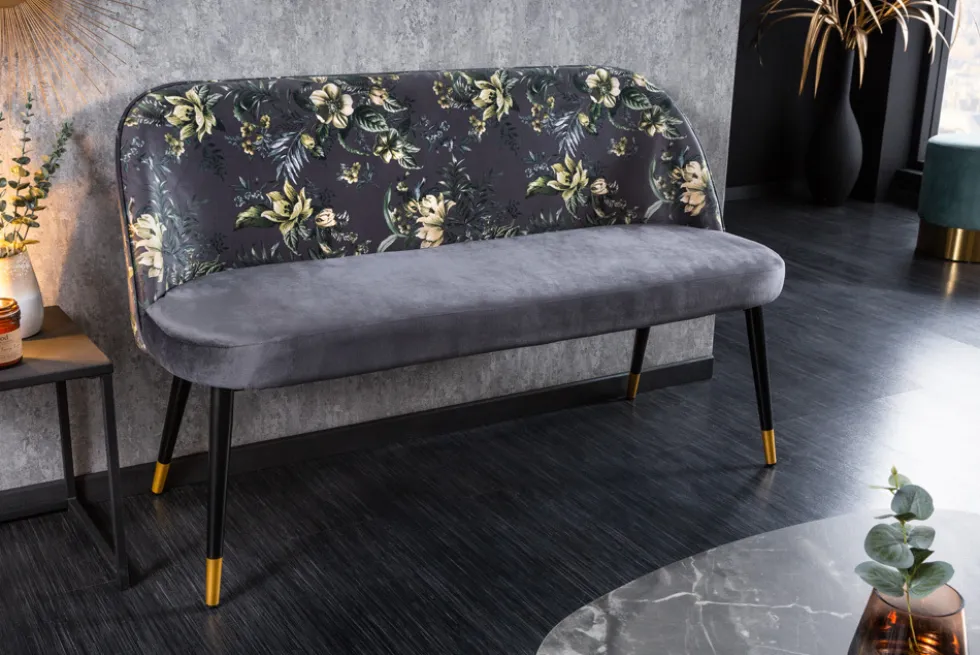 Design Bank PRÊT-À-PORTER grau Samt florales Muster und goldene Fußkappen