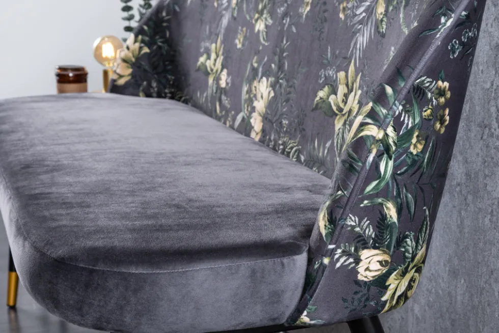 Design Bank PRÊT-À-PORTER grau Samt florales Muster und goldene Fußkappen