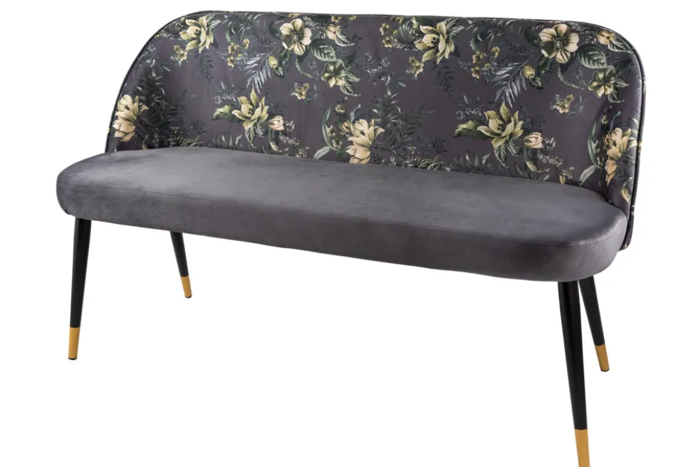 Design Bank PRÊT-À-PORTER grau Samt florales Muster und goldene Fußkappen