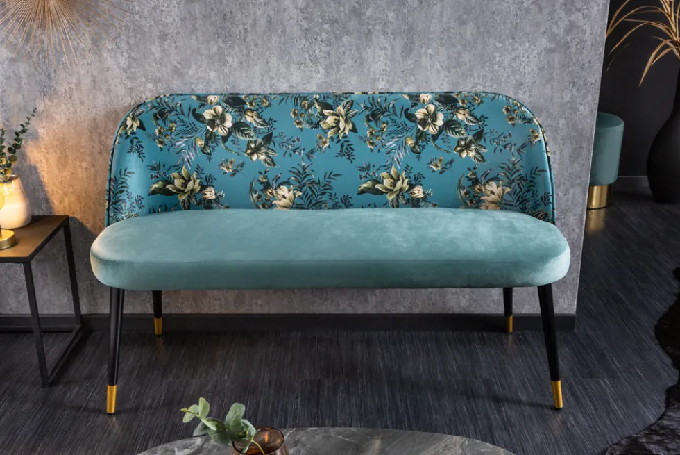 Design Bank PRÊT-À-PORTER türkis Samt florales Muster und goldene Fußkappen