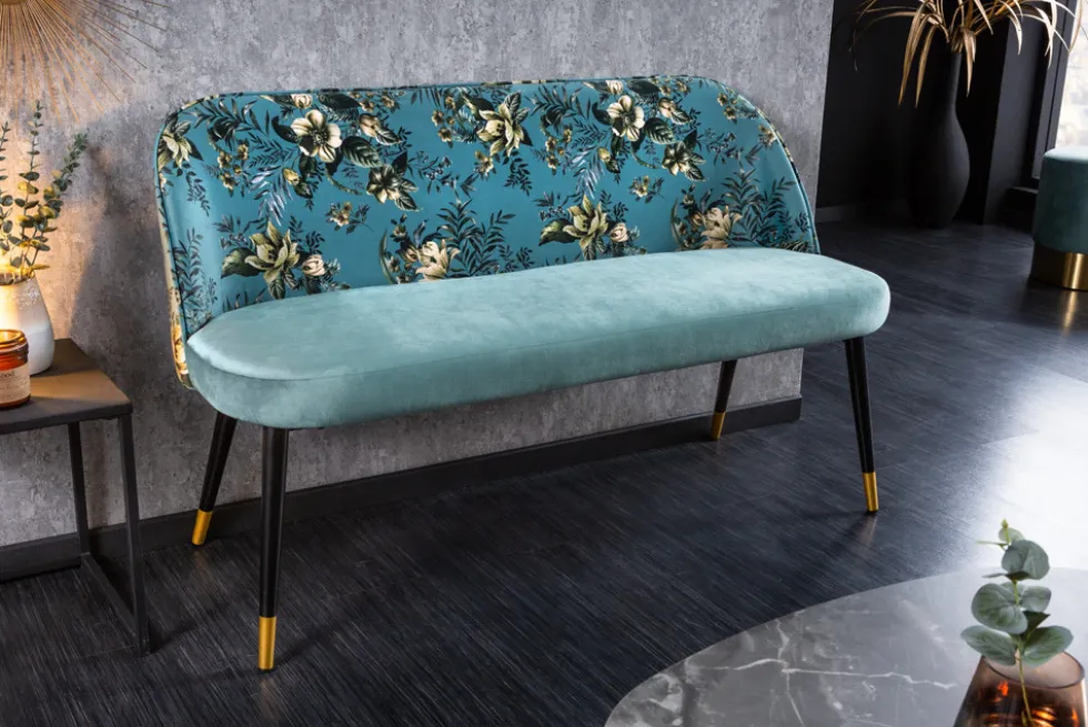 Design Bank PRÊT-À-PORTER türkis Samt florales Muster und goldene Fußkappen