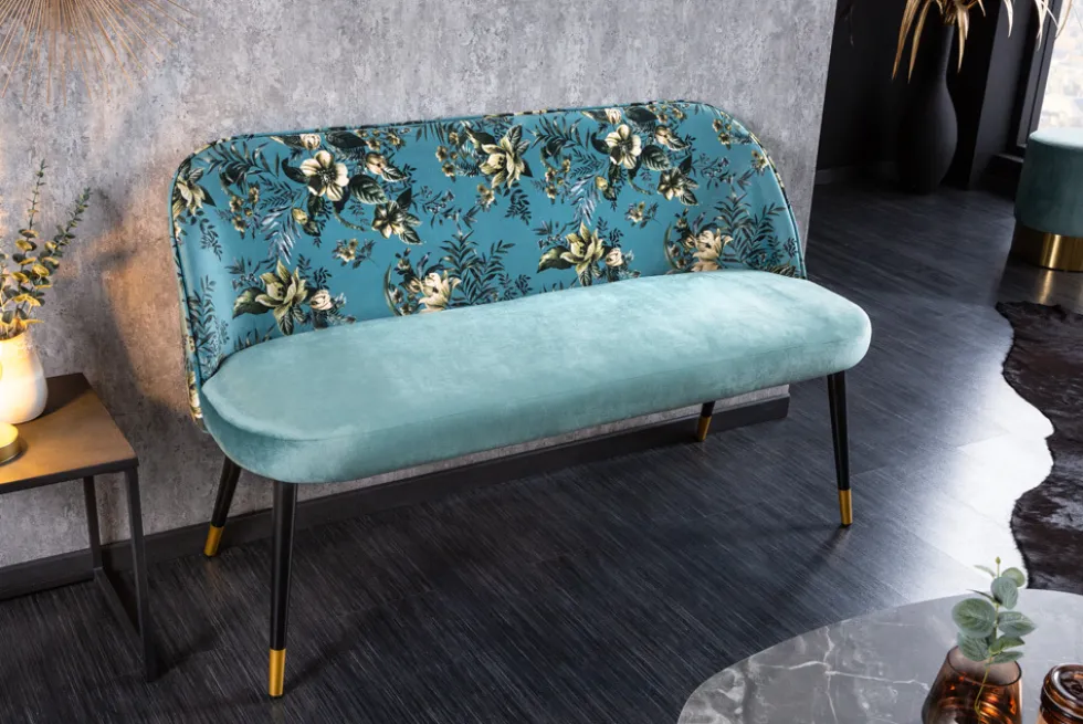 Design Bank PRÊT-À-PORTER türkis Samt florales Muster und goldene Fußkappen