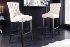 Design Barhocker CASTLE beige schwarz Strukturstoff mit Lehne Holz Chesterfield