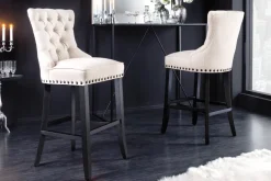 Design Barhocker CASTLE beige schwarz Strukturstoff mit Lehne Holz Chesterfield
