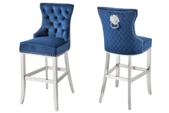 Design Barhocker CASTLE DELUXE royalblau Samt silber Edelstahl mit Lehne Chesterfield