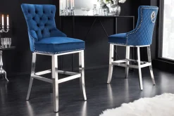 Design Barhocker CASTLE DELUXE royalblau Samt silber Edelstahl mit Lehne Chesterfield