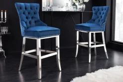 Design Barhocker CASTLE DELUXE royalblau Samt silber Edelstahl mit Lehne Chesterfield