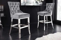 Design Barhocker CASTLE DELUXE grau Samt silber Edelstahl mit Lehne Chesterfield