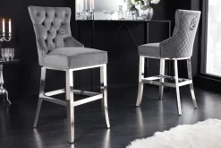 Design Barhocker CASTLE DELUXE grau Samt silber Edelstahl mit Lehne Chesterfield