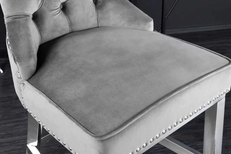 Design Barhocker CASTLE DELUXE grau Samt silber Edelstahl mit Lehne Chesterfield