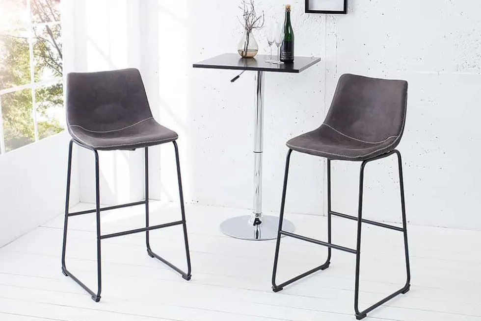 Design Barhocker DJANGO vintage grau Microfaser mit Lehne Eisengestell schwarz