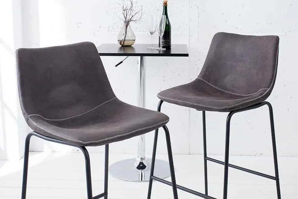 Design Barhocker DJANGO vintage grau Microfaser mit Lehne Eisengestell schwarz