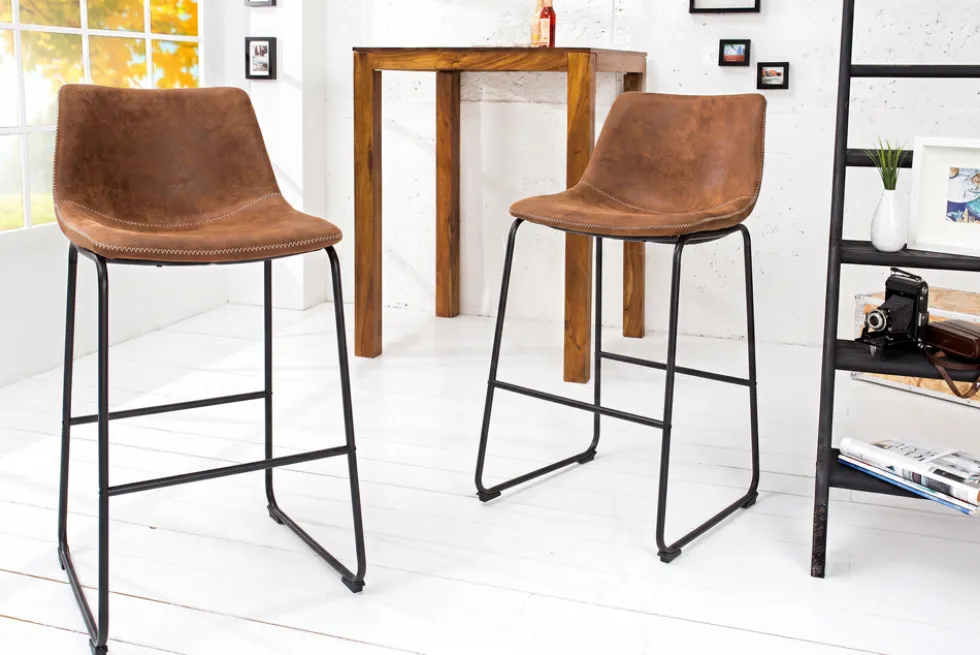 Design Barhocker DJANGO vintage braun Microfaser mit Lehne Eisengestell schwarz