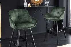 Design Barhocker EUPHORIA dunkelgrün Samt schwarze Metallbeine Barstuhl mit Lehne