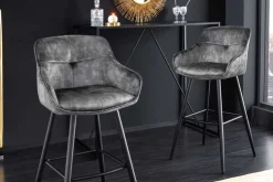 Design Barhocker EUPHORIA grau Samt schwarze Metallbeine Barstuhl mit Lehne
