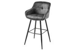 Design Barhocker EUPHORIA grau Samt schwarze Metallbeine Barstuhl mit Lehne