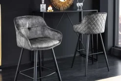 Design Barhocker EUPHORIA grau Samt schwarze Metallbeine Barstuhl mit Lehne