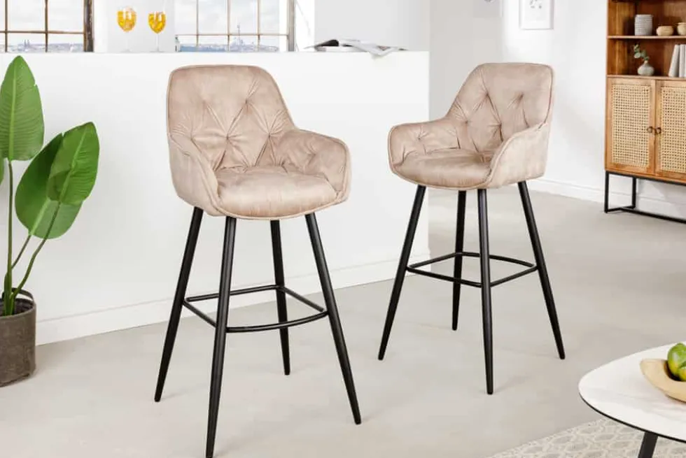Design Barhocker MILANO champagner beige Samt Barstuhl mit Lehne Metall schwarz