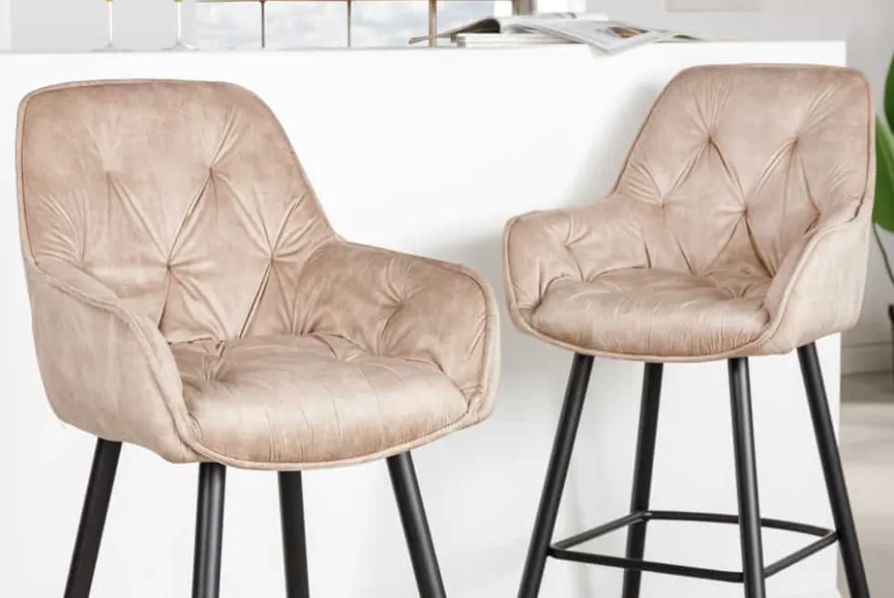 Design Barhocker MILANO champagner beige Samt Barstuhl mit Lehne Metall schwarz