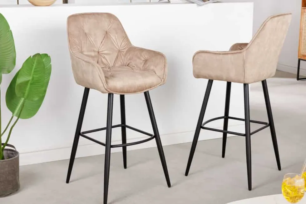 Design Barhocker MILANO champagner beige Samt Barstuhl mit Lehne Metall schwarz